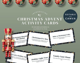 Actividades de Adviento para la familia, imprimibles y editables para Navidad, mazo de cartas para la cuenta regresiva de las vacaciones navideñas, descarga digital para niños cristianos.