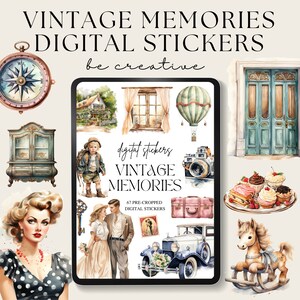 May include: A digital sticker sheet with 67 pre-cropped vintage-themed illustrations. The stickers feature a compass, a house, a window, a hot air balloon, a suitcase, a car, a rocking horse, a couple, a boy, a camera, a key, a door, and cupcakes.