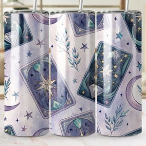 Emballage de verre numérique de cartes de tarot, fichier PNG d'étoiles mystiques, conception de phases de lune, emballage de verre céleste, conception aquarelle, verre 20 oz