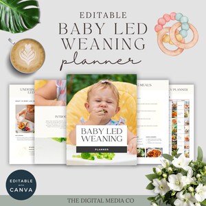 Op de afbeelding: Een digitale Baby Led Weaning planner met een aquarel ontwerp. De planner bevat pagina's met voorbeeldmaaltijden en een baby die broccoli eet. De tekst op de planner luidt "Baby Led Weaning Planner".