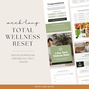 Könnte beinhalten: Ein digitaler Wellness-Ratgeber mit dem Text "week-long TOTAL WELLNESS RESET" und "7-Day Total Wellness Reset". Der Ratgeber enthält Beispiel-Essenspläne, einen Stimmungstracker und eine Detox-Challenge. Das Design ist in Weiß- und Grüntönen gehalten.