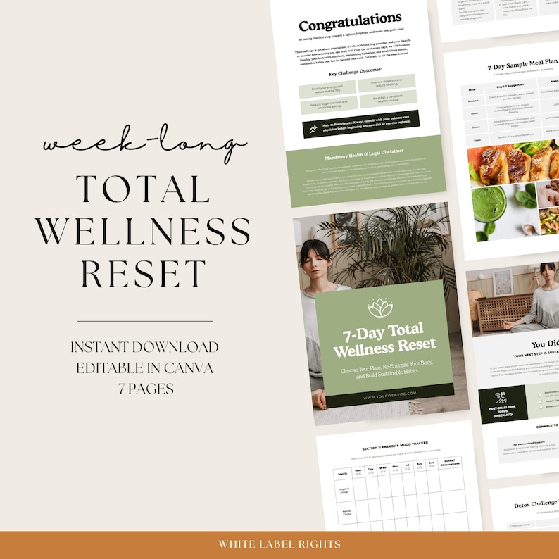 Puede incluir: Una gu&iacute;a de bienestar digital con el texto "week-long TOTAL WELLNESS RESET" y "7-Day Total Wellness Reset". La gu&iacute;a incluye ejemplos de planes de comidas, un seguimiento del estado de &aacute;nimo y un desaf&iacute;o de desintoxicaci&oacute;n. El dise&ntilde;o es en tonos de blanco y verde.