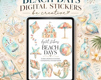 Beach Digital Stickers, Coastal Watercolor PNGs, Ocean Planner Sticker Book, Summer Scrapbooking, Seashell Mermaid Vacation Clipart