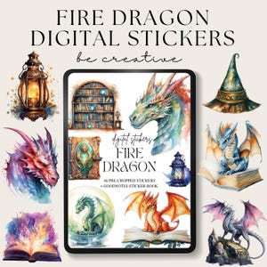 May include: A digital art collection featuring watercolor illustrations of dragons, lanterns, and a wizard's hat. The text reads "FIRE DRAGON DIGITAL STICKERS" and "be creative". Includes 46 pre-cropped stickers and a GoodNotes sticker book.