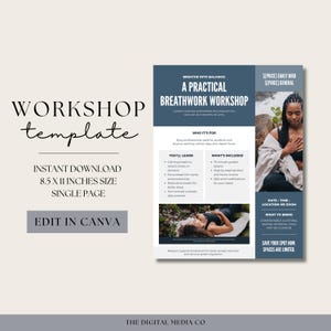 May include: A workshop template titled "A Practical Breathwork Workshop." The design includes information on learning science-supported techniques, target audience, learning outcomes, and inclusions. The template is 21.6 x 27.9 cm and can be edited in Canva.