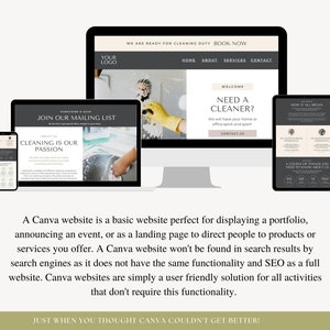 May include: A mockup of a website for a cleaning service. The website is designed using Canva and features a black and white color scheme with a yellow glove graphic. The text on the website reads "Need a Cleaner?" and "Cleaning is our passion".