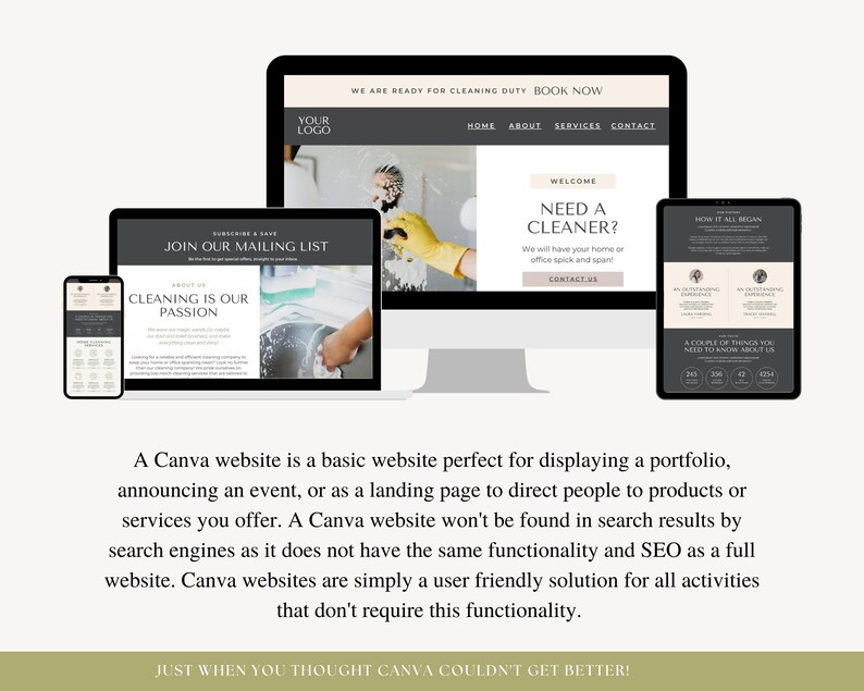May include: A mockup of a website for a cleaning service. The website is designed using Canva and features a black and white color scheme with a yellow glove graphic. The text on the website reads "Need a Cleaner?" and "Cleaning is our passion".