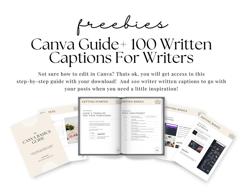 May include: A digital download for writers featuring a Canva guide and 100 written captions. The guide includes sections on getting started, editing basics, and examples. The text on the cover reads "Canva Guide + 100 Written Captions For Writers".