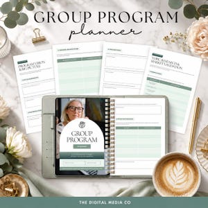 May include: A group program planner set featuring a spiral-bound notebook with a sage green cover, displaying a cover page titled Group Program Planner. Several loose-leaf pages with tables and text headers are arranged around the central planner.