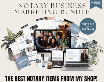 May include: A digital marketing bundle for notary businesses, featuring a laptop, desktop, and tablet displaying marketing materials. The image includes the text "NOTARY BUSINESS MARKETING BUNDLE" and "THE BEST NOTARY ITEMS FROM MY SHOP!"