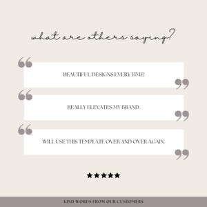 May include: A graphic design featuring customer testimonials in white rectangular boxes against a beige background. The text includes phrases like "BEAUTIFUL DESIGNS EVERY TIME!" and "REALLY ELEVATES MY BRAND."