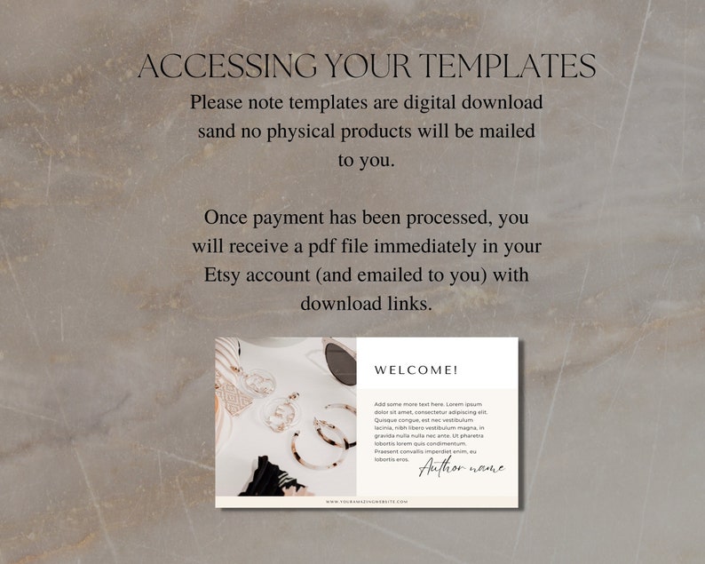 K&ouml;nnte beinhalten: Eine digitale Download-Informationsseite mit beigefarbenem Hintergrund und dem Text "Accessing Your Templates". Der Text erkl&auml;rt, dass die Vorlagen digitale Downloads sind und keine physischen Produkte versandt werden. Die Seite enth&auml;lt auch eine Willkommensnachricht mit einer Unterschrift, die "Author name" lautet.
