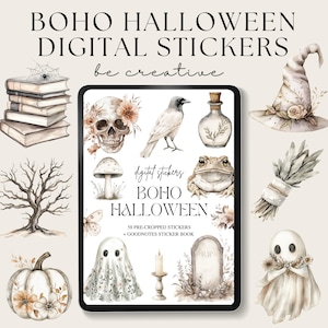 May include: Digital stickers featuring a collection of 58 pre-cropped images with a boho Halloween theme. The stickers include a skull, a crow, a toad, a witch's hat, a ghost, a pumpkin, a tree, a candle, a tombstone, and more.