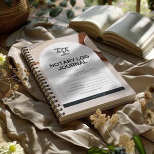 May include: A spiral bound notary log journal with a brown and white cover. The cover features a scale of justice icon and the text "Notary Log Journal" and "Your State Notary Public Official Record".