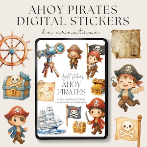 Pegatinas digitales "Ahoy Piratas", paquete de pegatinas piratas, imágenes prediseñadas de tesoros, PNG de Goodnotes, álbum de recortes de timones, planificador de mapas piratas