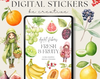 Adesivos digitais de frutas frescas, adesivos de frutas Goodnotes, planejador de notabilidade, PNGs de alimentos saudáveis, adesivos de agricultores, enfeites de jardinagem