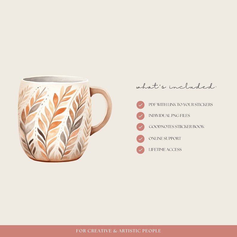 K&ouml;nnte beinhalten: Eine Aquarell-Illustration einer wei&szlig;en Tasse mit braunem Henkel. Die Tasse hat ein Muster aus braunen, orangen und grauen Bl&auml;ttern. Der Text "what's included:" ist in brauner Schrift geschrieben. Unter dem Text befindet sich eine Liste mit f&uuml;nf Punkten, neben denen jeweils ein H&auml;kchen steht. Die Punkte sind: PDF mit Link zu deinen Stickern, Einzelne PNG-Dateien, Goodnotes Stickerbuch, Online-Support, Lebenslanger Zugriff.