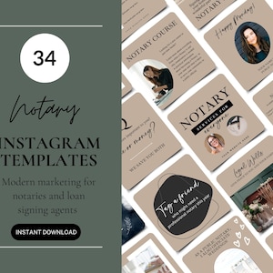 34 Notary Instagram Templates, Public Notary Marketing, Loan Signing Agent Social Media, Beige Canva Templates For Notaries, Notary bundle
