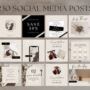 K&ouml;nnte beinhalten: Eine Sammlung von Social-Media-Post-Vorlagen mit verschiedenen Designs, darunter eine Verkaufsanzeige, eine Ank&uuml;ndigung eines neuen Produkts, ein Blogbeitrag und eine Gl&uuml;ckwunschbotschaft. Die Vorlagen zeichnen sich durch eine neutrale Farbpalette mit braunen, beigefarbenen und wei&szlig;en T&ouml;nen aus.
