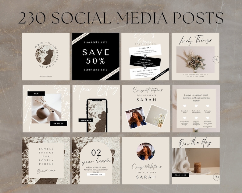 K&ouml;nnte beinhalten: Eine Sammlung von Social-Media-Post-Vorlagen mit verschiedenen Designs, darunter eine Verkaufsanzeige, eine Ank&uuml;ndigung eines neuen Produkts, ein Blogbeitrag und eine Gl&uuml;ckwunschbotschaft. Die Vorlagen zeichnen sich durch eine neutrale Farbpalette mit braunen, beigefarbenen und wei&szlig;en T&ouml;nen aus.