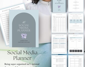 Peut inclure: Un planificateur de médias sociaux avec une couverture bleu clair portant le texte "The Social Media Planner" et une illustration florale. Le planificateur comprend des pages pour les statistiques, l'audit et les tâches quotidiennes. Le texte "Being super organized isn't optional for successful content creators. Get your planner now!"