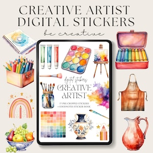 Peut inclure: Image sur le thème de l'art numérique avec le texte "CREATIVE ARTIST DIGITAL STICKERS". L'image présente une tablette entourée d'illustrations à l'aquarelle de fournitures d'art, dont des tubes de peinture, une palette, des crayons et un carnet de croquis.