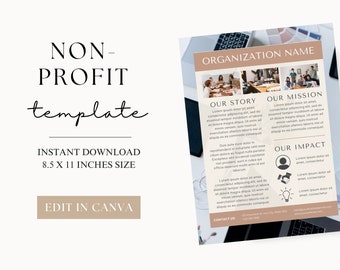 May include: A printable template for a non-profit organization. The template is 8.5 by 11 inches and can be edited in Canva. The template includes sections for the organization's story, mission, and impact. The template is designed in a minimalist style with a beige and white color scheme.