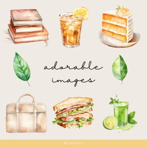 May include: A watercolor illustration of various items, including a stack of books, a glass of iced tea with a lemon wedge, a slice of cake, a green leaf, a brown leather briefcase, a sandwich with ham and avocado, a glass of green juice with a lime wedge, and a green leaf. The text "adorable images" is written in black cursive.