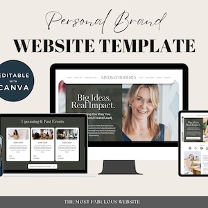 May include: A website template for personal branding, featuring a desktop computer, tablet, and smartphone displaying a website design with the text "Big Ideas. Real Impact." and "Lindsay Roberts". The website template is editable with Canva.