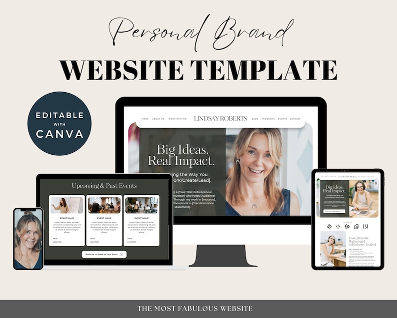 May include: A website template for personal branding, featuring a desktop computer, tablet, and smartphone displaying a website design with the text "Big Ideas. Real Impact." and "Lindsay Roberts". The website template is editable with Canva.