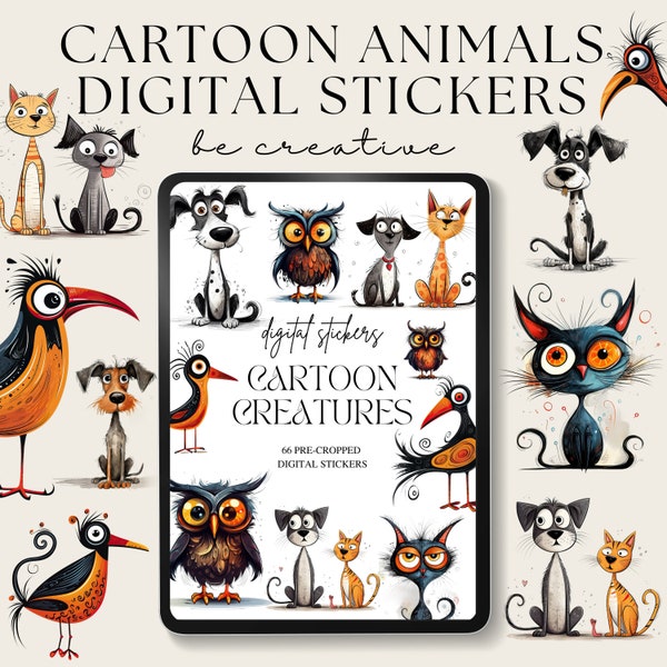 Cartoon Creatures Digital Planner Stickers, Cats and Dogs Goodnotes Stickers, Owl Stickers, Goodnotes Planner, Ipad Png Scrapbooking Project