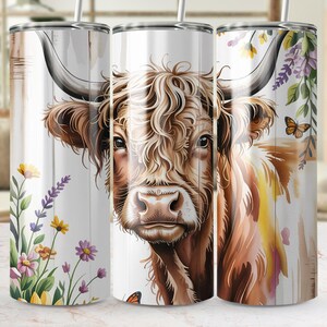 Highland Cow Digital Tumbler Wrap PNG, Floral Cow Sublimation Design, Farm Animal Tumbler, Cute Cow Wrap for 20oz Skinny Tumbler