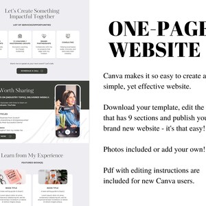 May include: A website template for Canva, featuring a black and white design with the text "ONE-PAGE WEBSITE". The text "Canva makes it so easy to create a simple, yet effective website." is also included. The template includes 9 sections and photos can be added or replaced.