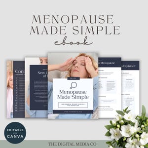 Pode incluir: Um ebook intitulado "Menopausa Simplificada" com uma mulher tocando as têmporas. A capa apresenta o título e o slogan "Empoderando as mulheres através da transição". Páginas adicionais detalham informações sobre a menopausa.