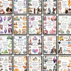 Peut inclure: Un ensemble de 20 jeux d'autocollants num&eacute;riques illustr&eacute;s &agrave; l'aquarelle. Chaque jeu a un th&egrave;me unique, comme l'ambiance de No&euml;l, le cr&eacute;ateur de contenu, Kia Ora Kiwiana, l'amoureux des chats, la mode d'automne, la magie mystique, les vibrations d'automne, la fille lifestyle, les flamants roses, les ours mignons, la jungle safari, les &oelig;ufs de P&acirc;ques et plus, la m&eacute;ditation zen, bonjour janvier, retour &agrave; l'&eacute;cole, le temps de la lecture, l'automne fabuleux, les cloches de mariage, les potions d'apothicaire et le sentiment p&ecirc;che.