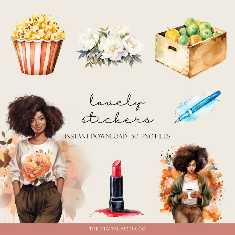 K&ouml;nnte beinhalten: Ein Set mit 50 digitalen Stickern mit verschiedenen Illustrationen, darunter eine Frau mit braunen Haaren, ein Strau&szlig; wei&szlig;er Blumen, eine Kiste mit gr&uuml;nen &Auml;pfeln, ein roter Lippenstift, ein Stift und eine Frau mit braunen Haaren, die eine Tasse Kaffee h&auml;lt. Der Text "lovely stickers" und "INSTANT DOWNLOAD | 50 PNG FILES" ist ebenfalls im Bild enthalten.