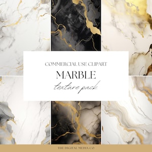 May include: A set of six digital marble texture clipart images. The images feature white, black, and gold marble patterns. The text "COMMERCIAL USE CLIPART MARBLE texture pack THE DIGITAL MEDIA CO" is at the bottom of the image.