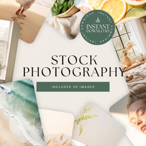 May include: A collage of 35 stock photography images, including a woman walking on a beach, a bowl of spinach, lemons and oranges, a window with natural light, a bed with white bedding, a beach scene with waves, a bouquet of flowers, and a woman sleeping. The text "STOCK PHOTOGRAPHY" and "INCLUDES 35 IMAGES" is displayed on the collage.