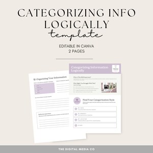Puede incluir: Una plantilla titulada "Categorizing Info Logically" con el texto "Editable en Canva, 2 Pages". La plantilla incluye secciones para organizar información y encontrar estilos de categorización. El diseño presenta una paleta de colores suaves y neutros con acentos lavanda.