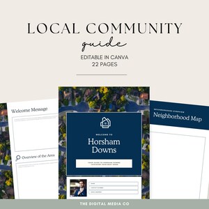May include: A digital community guide with the title "Local Community Guide" and the text "Editable in Canva, 22 Pages." The guide includes a welcome message, an overview of the area, and a neighborhood map. The guide is for Horsham Downs.