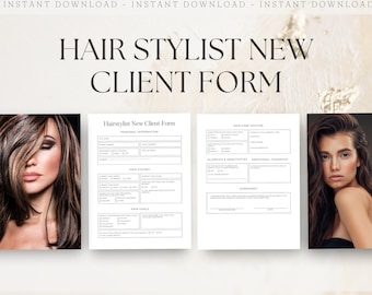 May include: A black and white printable new client form for hairstylists. The form includes sections for personal information, hair history, hair goals, hair care routine, allergies and sensitivities, and additional comments. The form also includes an agreement section.