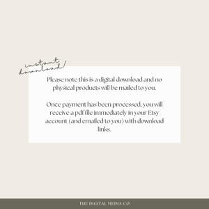 May include: Text on a white background with the words "instant download!" written in cursive. The text below explains that this is a digital download and no physical products will be mailed. It also states that once payment is processed, a PDF file will be sent to the buyer's Etsy account with download links. The text at the bottom reads "THE DIGITAL MEDIA CO."