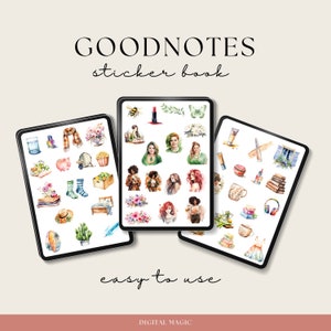 K&ouml;nnte beinhalten: Drei digitale Stickerb&uuml;cher f&uuml;r die Goodnotes-App. Die Stickerb&uuml;cher zeigen Aquarell-Illustrationen von Blumen, Frauen, B&uuml;chern, Kaffeetassen und anderen Gegenst&auml;nden. Der Text "GOODNOTES sticker book" befindet sich oben im Bild. Der Text "easy to use" befindet sich unten im Bild. Der Text "DIGITAL MAGIC" befindet sich unten im Bild.