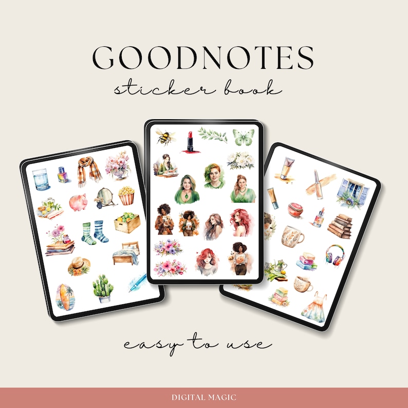 K&ouml;nnte beinhalten: Drei digitale Stickerb&uuml;cher f&uuml;r die Goodnotes-App. Die Stickerb&uuml;cher zeigen Aquarell-Illustrationen von Blumen, Frauen, B&uuml;chern, Kaffeetassen und anderen Gegenst&auml;nden. Der Text "GOODNOTES sticker book" befindet sich oben im Bild. Der Text "easy to use" befindet sich unten im Bild. Der Text "DIGITAL MAGIC" befindet sich unten im Bild.