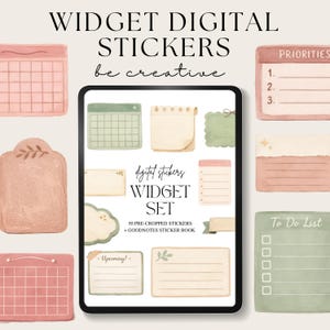 Può includere: Set di adesivi digitali per widget con una varietà di design, tra cui calendari, liste di cose da fare e blocchi per appunti. Gli adesivi sono in morbidi colori pastello e sono progettati per l'uso in planner digitali. Il testo dice "Widget Digital Stickers".