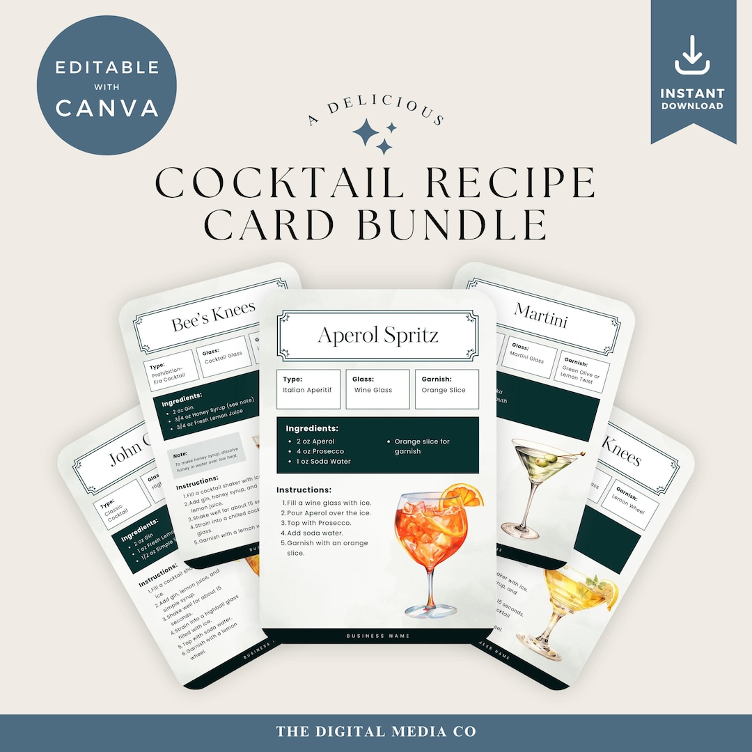 Cocktail Recipe Cards, Editable Drink Mixer Cards for Bars, Mixology ...