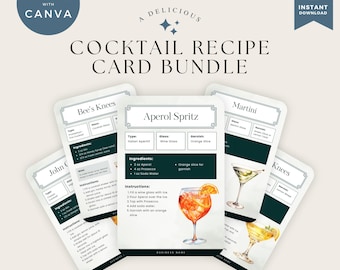 Cocktailreceptkort, redigerbara drinkmixerkort för barer, mixologipresent, direktnedladdning, Canva-festmallar, barpersonalresurs