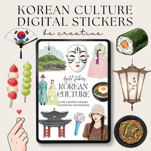 Korean Culture Digital Planner Stickers, Goodnotes Korea Sticker Book, Kpop Aesthetic PNGs, Korean Food Clipart, Hanbok Planner Stickers Set