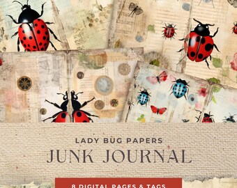 May include: Digital paper pack with 8 pages featuring vintage style illustrations of ladybugs, butterflies, and flowers. The paper pack is titled "Lady Bug Papers Junk Journal".