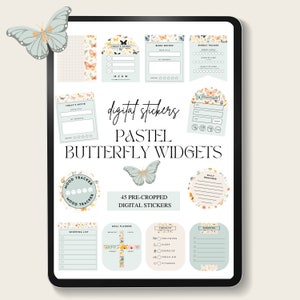 May include: A digital planner sticker set with 45 pre-cropped stickers featuring pastel butterflies and floral designs. The stickers include a variety of planner widgets such as a mood tracker, daily reminder, book review, energy tracker, meal planner, checklist, shopping list, and appointment tracker.